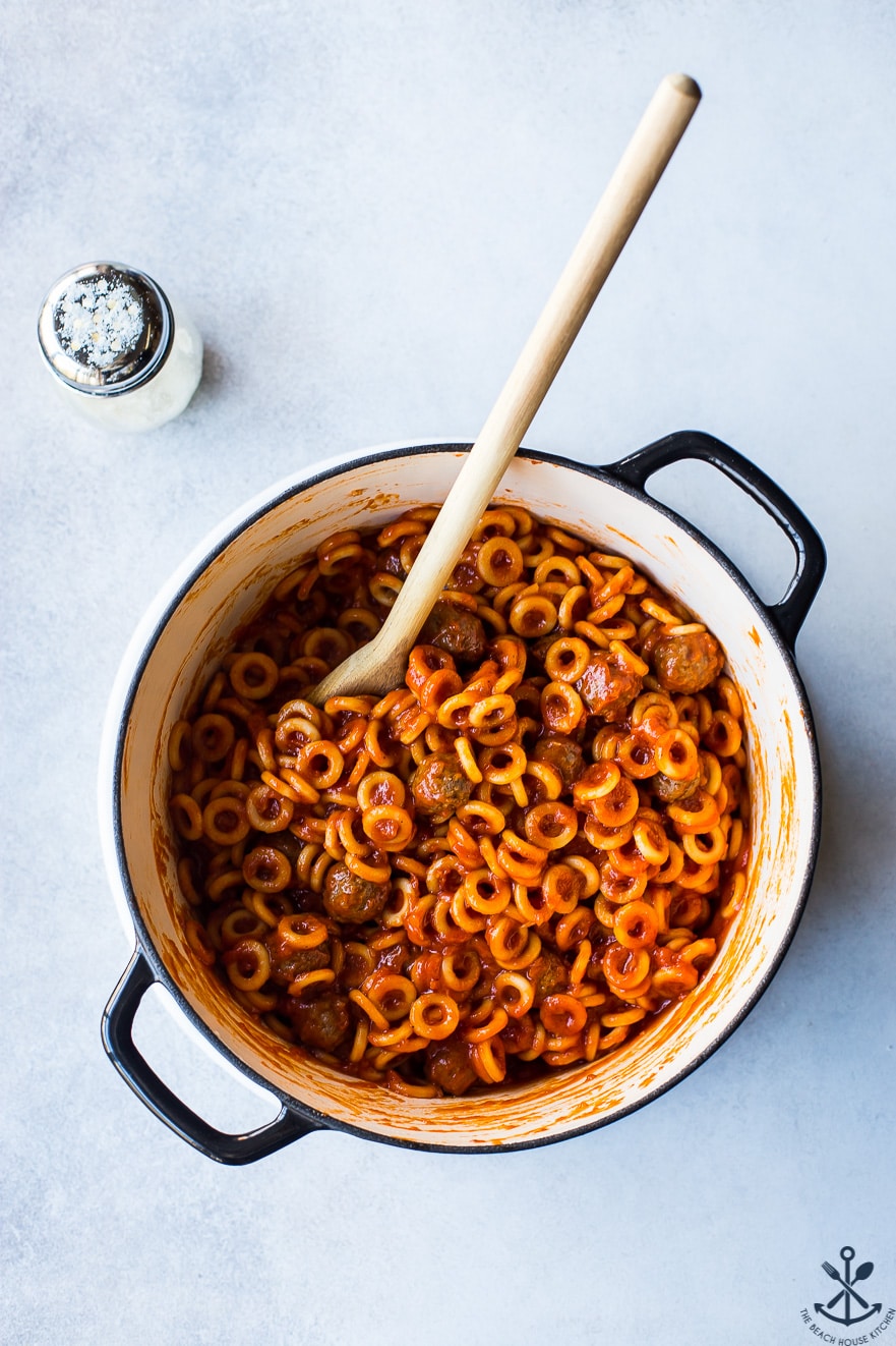 Overhead photo of a pot of homemade spaghettiO's