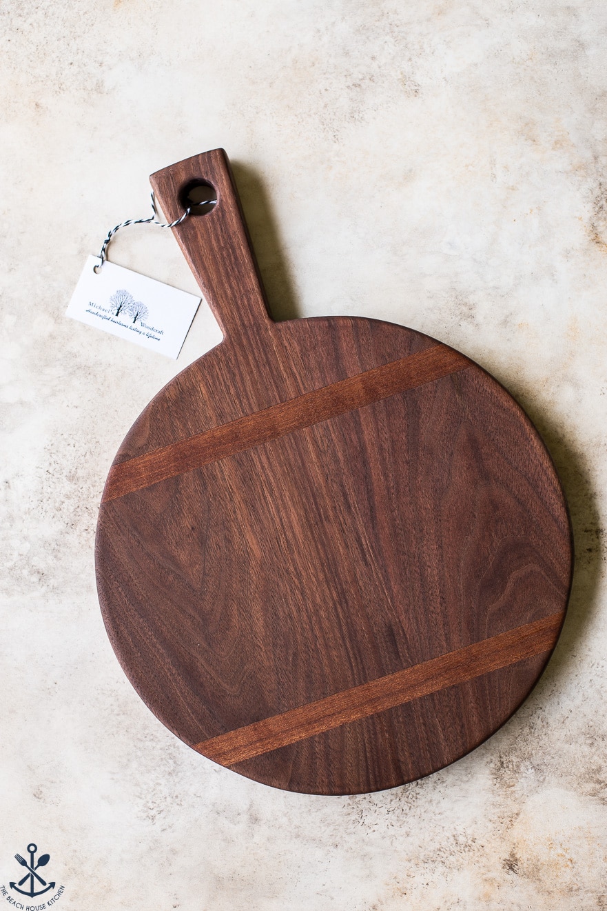 Overhead photo of round wooden serving board