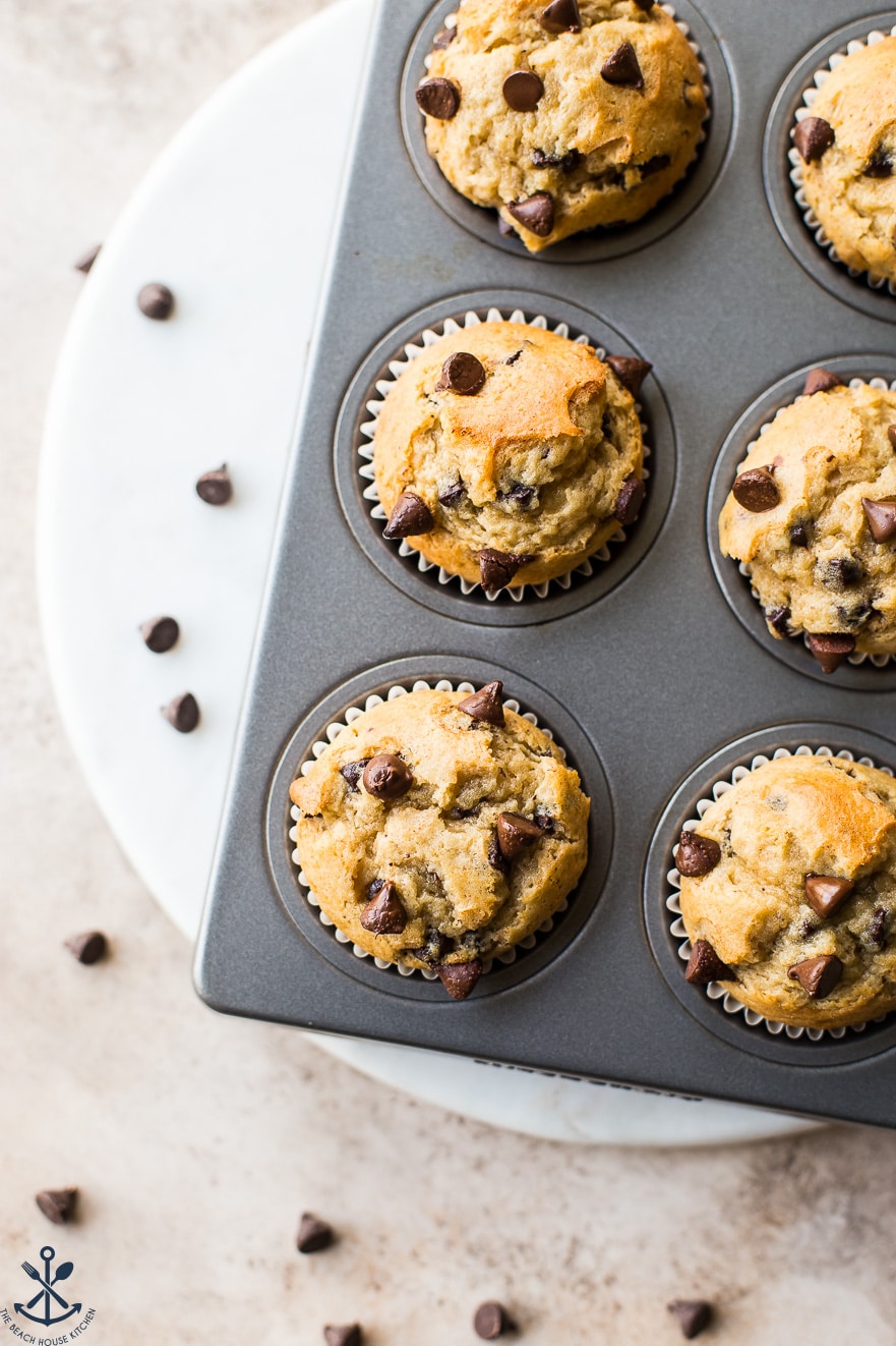 Overhead photo of easy chocolate chip muffins in muffin tin