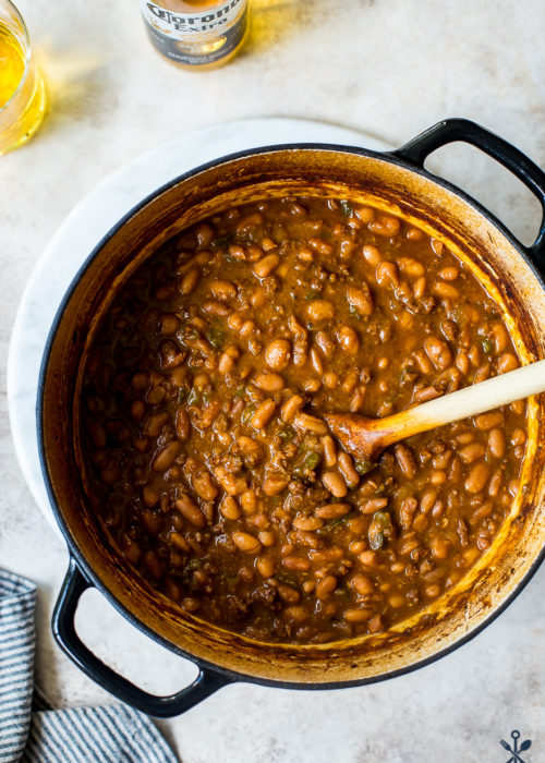 Overhead photo of pot filled with Mexican Baked Beans