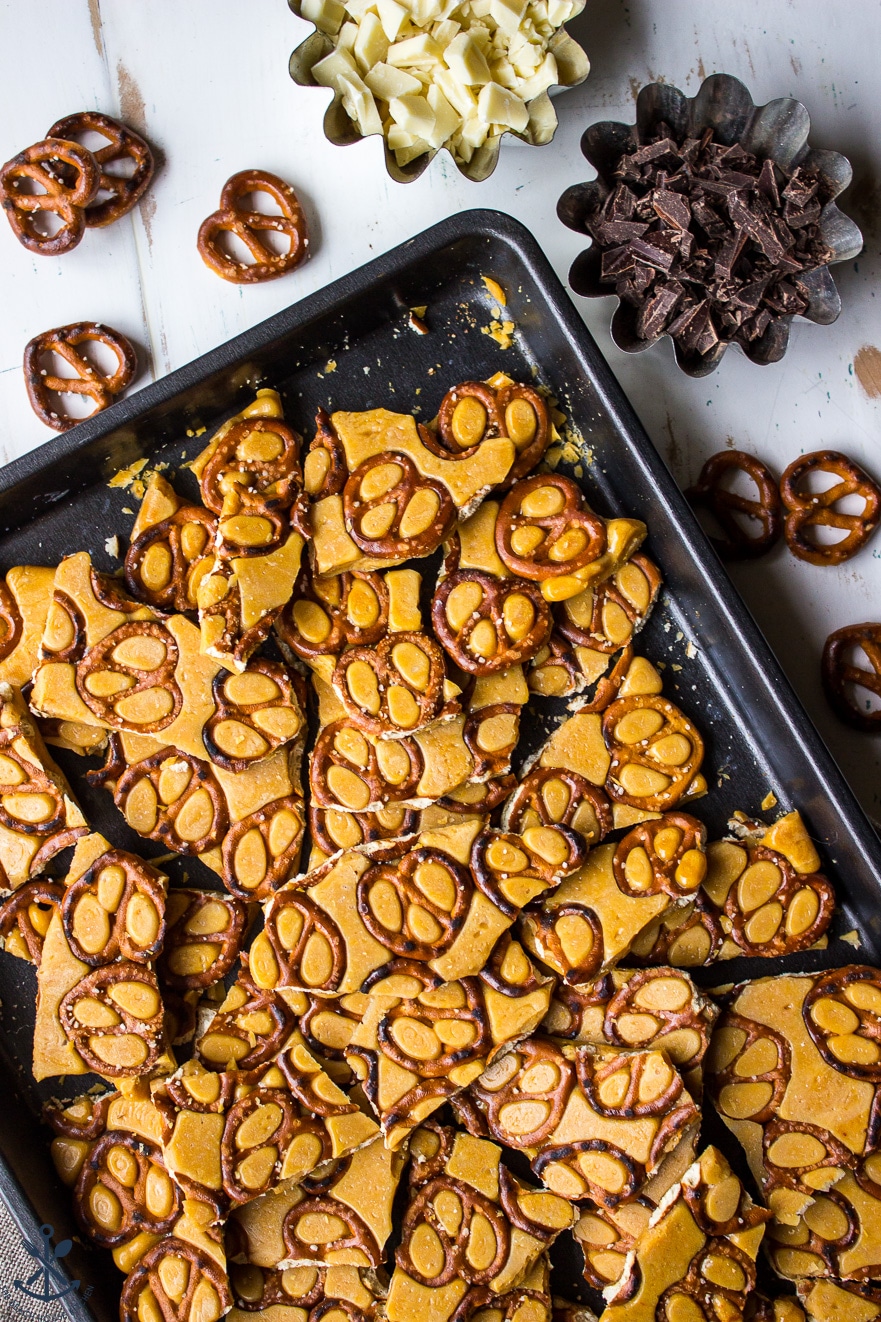 Overhead photo of pretzel toffee on baking sheet