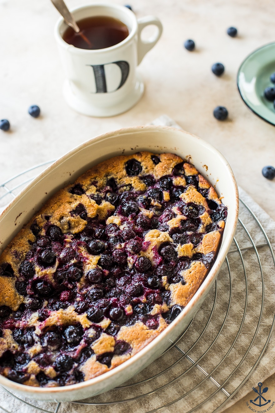 Earl Grey Blueberry Cobbler in an oval baking dish