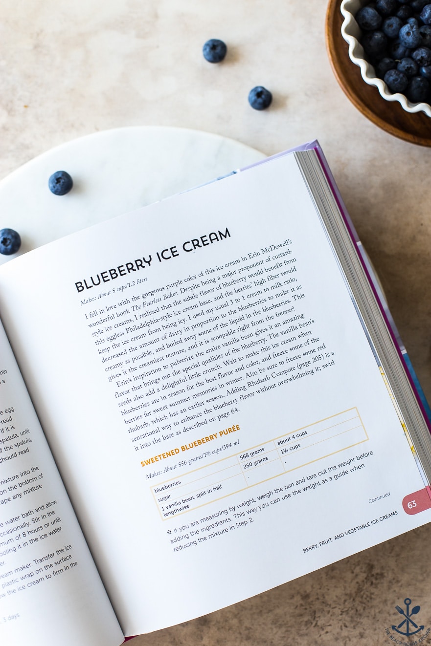 Overhead photo of book opened to Blueberry Ice Cream recipe page