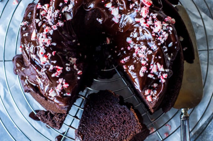 Overhead photo of Double Chocolate Cake with Chocolate Peppermint Ganache on a round wire rack