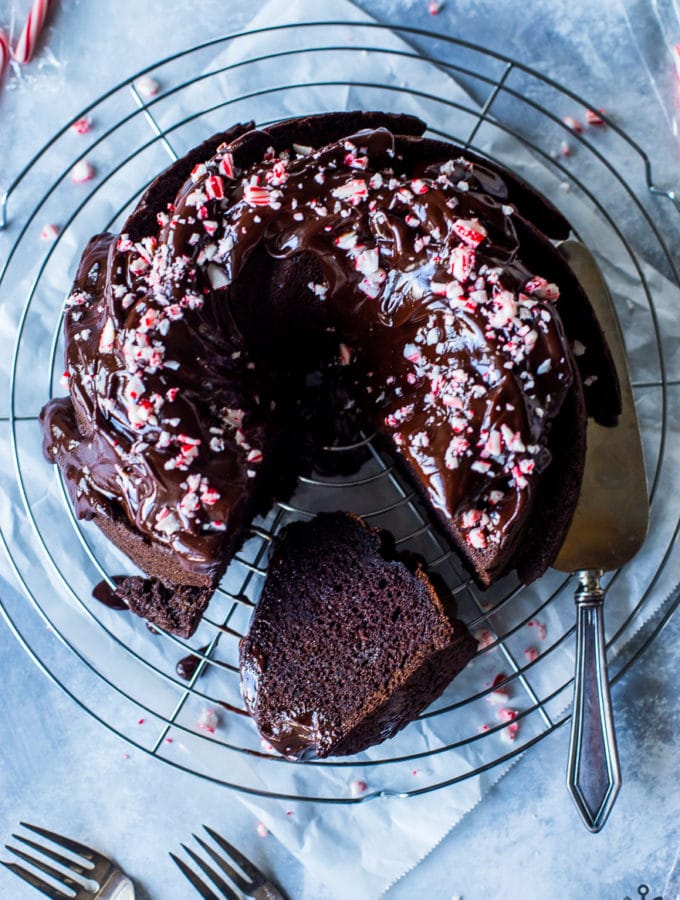 Overhead photo of Double Chocolate Cake with Chocolate Peppermint Ganache on a round wire rack