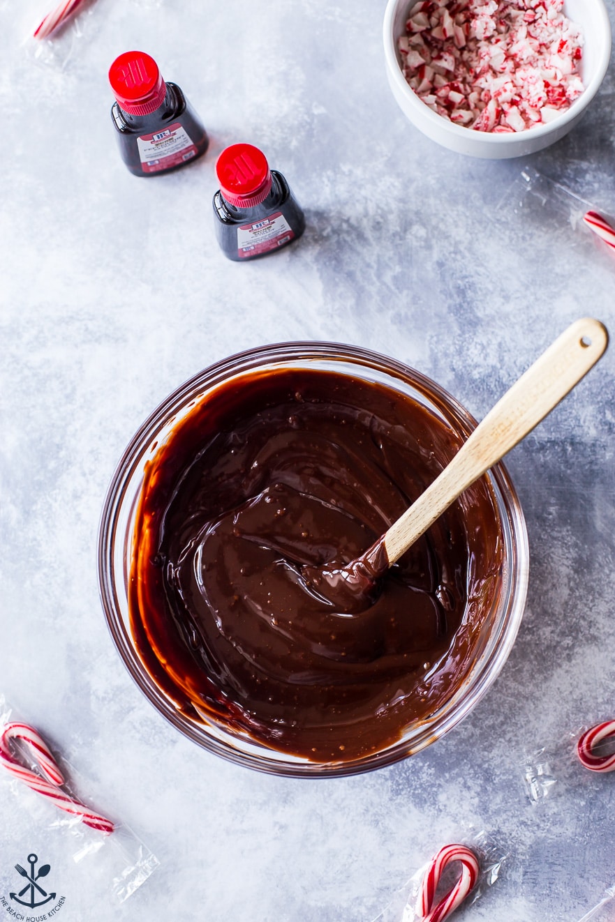 Overhead photo of a bowl filled with melted chocolate and a spatula