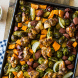 Jerk Chicken Sheet Pan Meal with Sweet Potatoes and Brussels Sprouts long Pinterest Pin