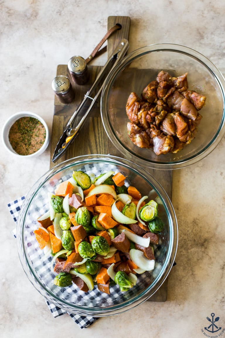 Jerk Chicken Sheet Pan Dinner with Sweet Potatoes and Brussels Sprouts