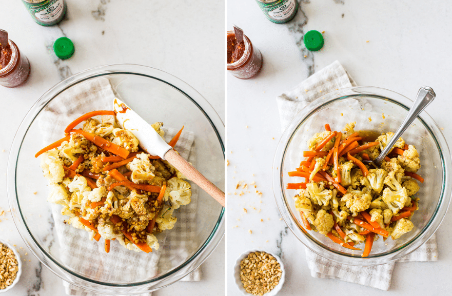 Diptych of cauliflower and carrots in a bowl