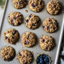 Overhead photo of blueberry muffins in a muffin pan
