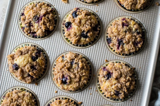 Overhead photo of blueberry muffins in a muffin pan
