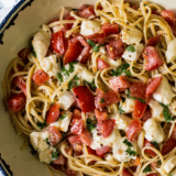 Linguine with Tomatoes Basil and Brie long Pinterest pin