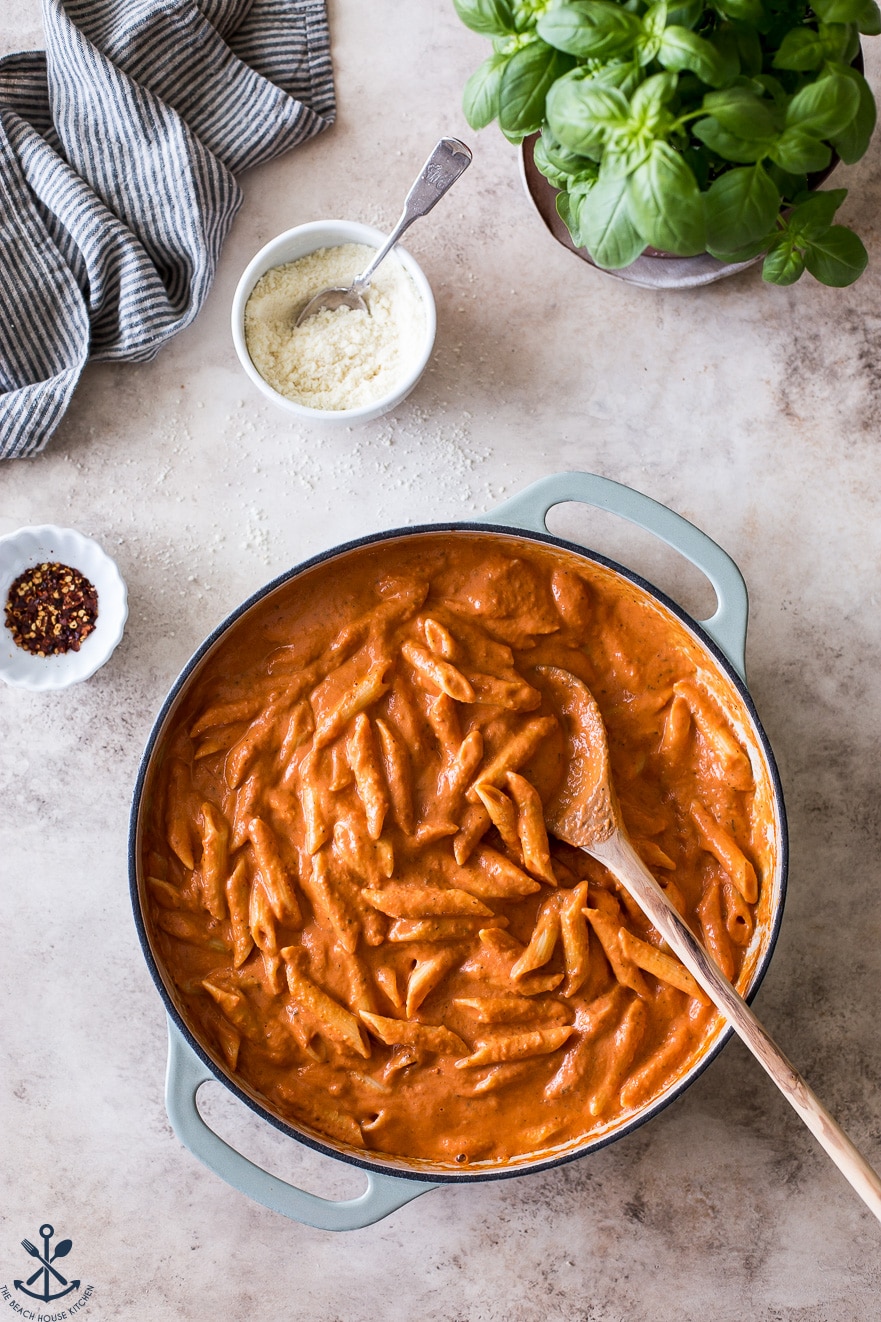 Overhead photo of penne in a vodka sauce