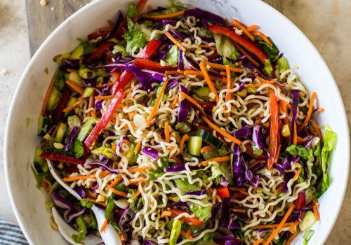 Overhead photo of Ramen Noodle Salad with Honey Sesame Dressing