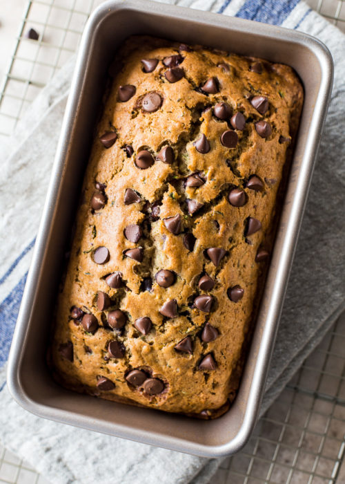 Overhead photo of a loaf of chocolate chip zucchini bread