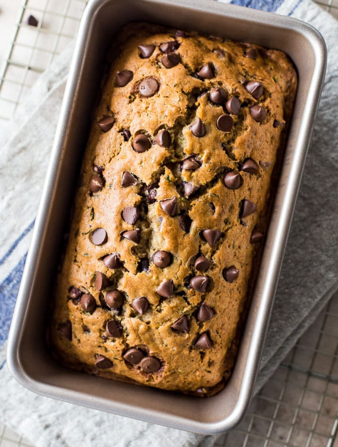 Overhead photo of a loaf of chocolate chip zucchini bread