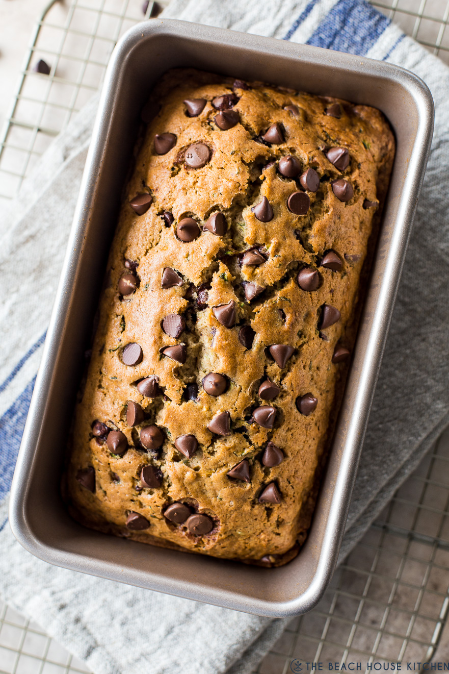 Up close overhead photo of a loaf of chocolate chip zucchini bread