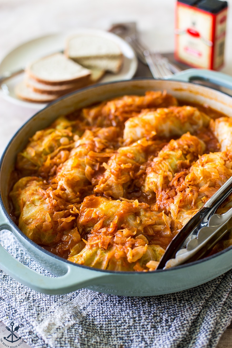 Up close photo of a baking dish of Hungarian stuffed cabbage