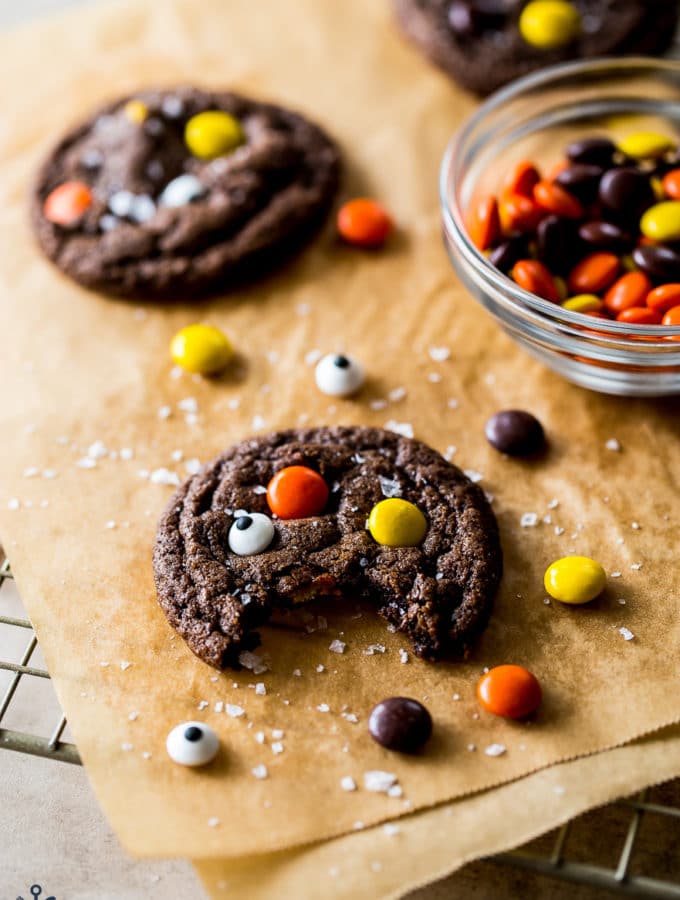 A chocolate cookie studded with Reese's pieces