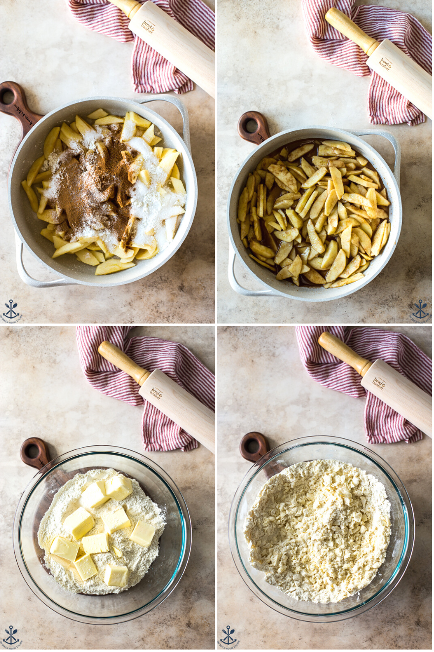 A collage of four photos of apple pie ingredients in a skillet and bowls