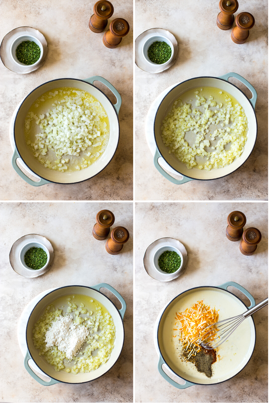 A collage of four photos with ingredients for cheesy potatoes in a baking dish