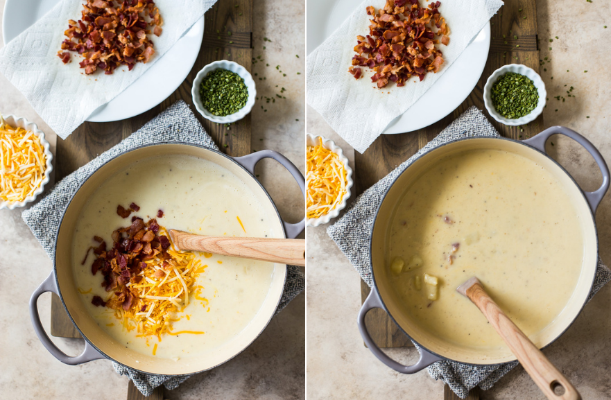 Diptich of a pot of potato soup, one topped with bacon and cheese and one plain