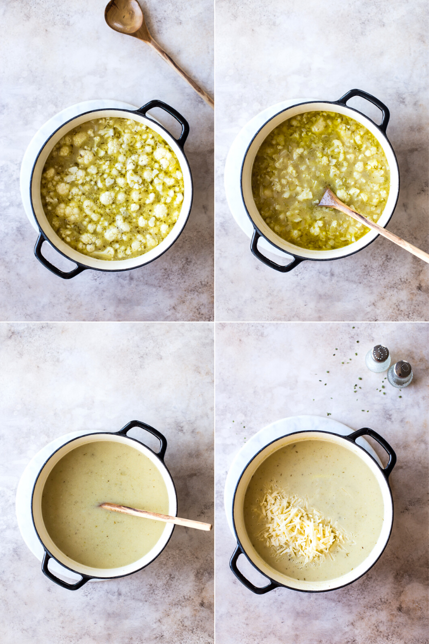 A collage of four photo of a pot of creamy cauliflower soup with cheddar cheese and bacon