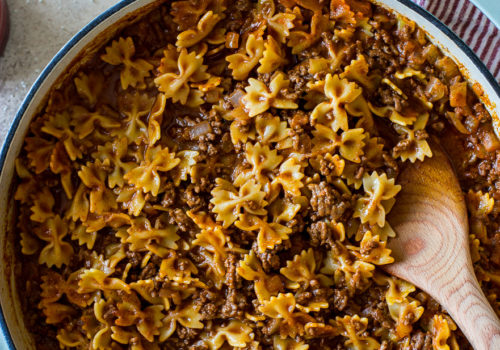 Up close overhead photo of a beef taco pasta dish