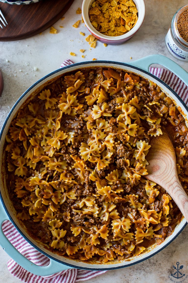 Up close overhead photo of a beef taco pasta dish