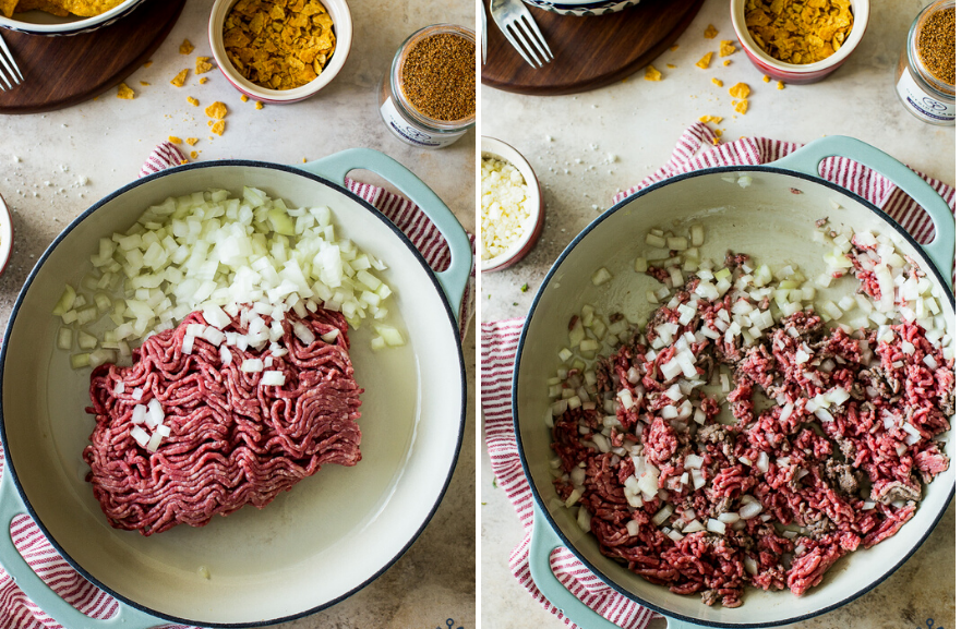 Two photos side by side of hamburger and onions in a skillet