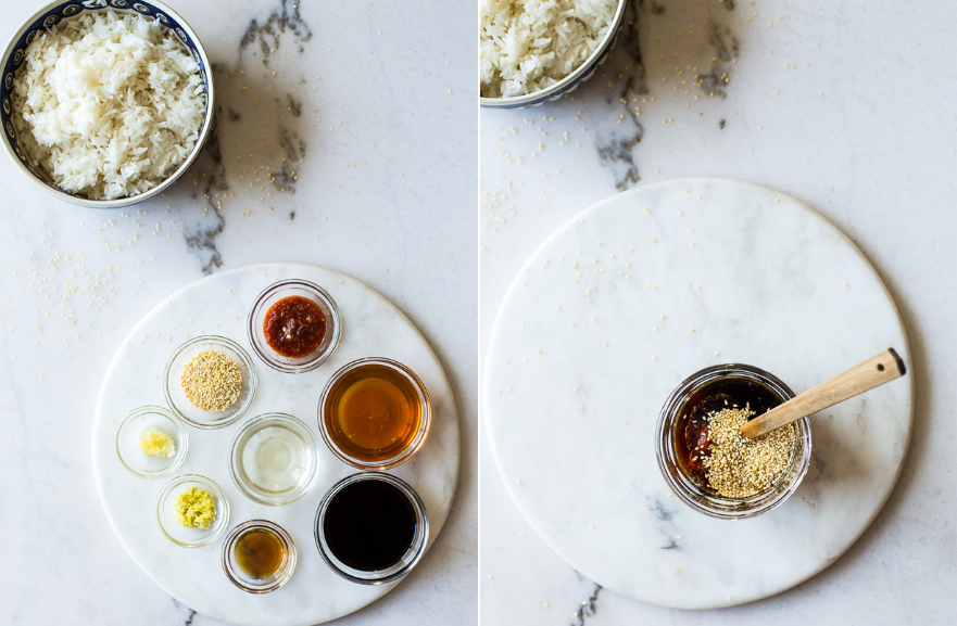 One photo of spices for sesame chicken in bowls on a round marble board and another photo of jar filled with sesame dressing on a round marble board