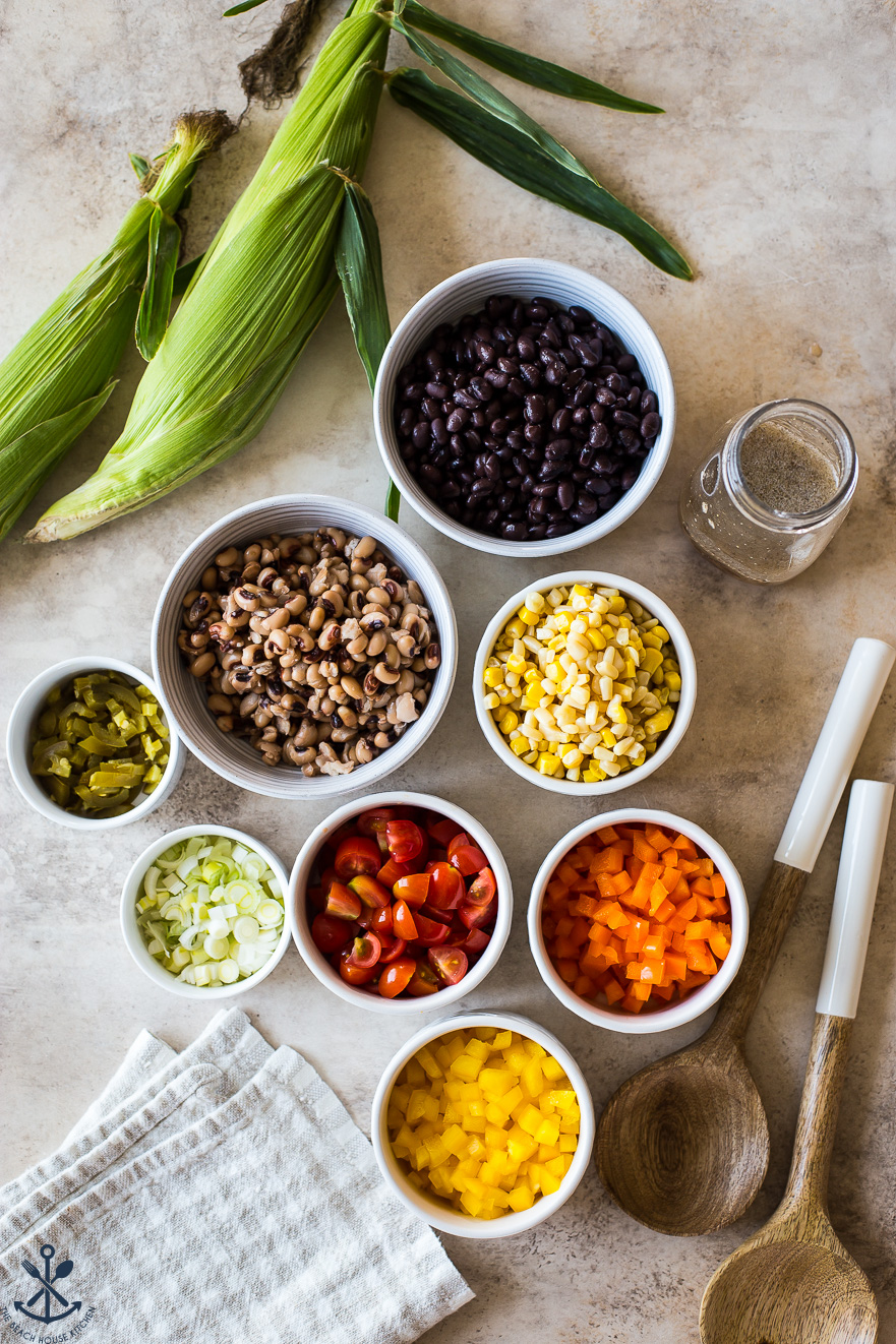 Overhead photo of ingredients in bowls for Texas caviar dip
