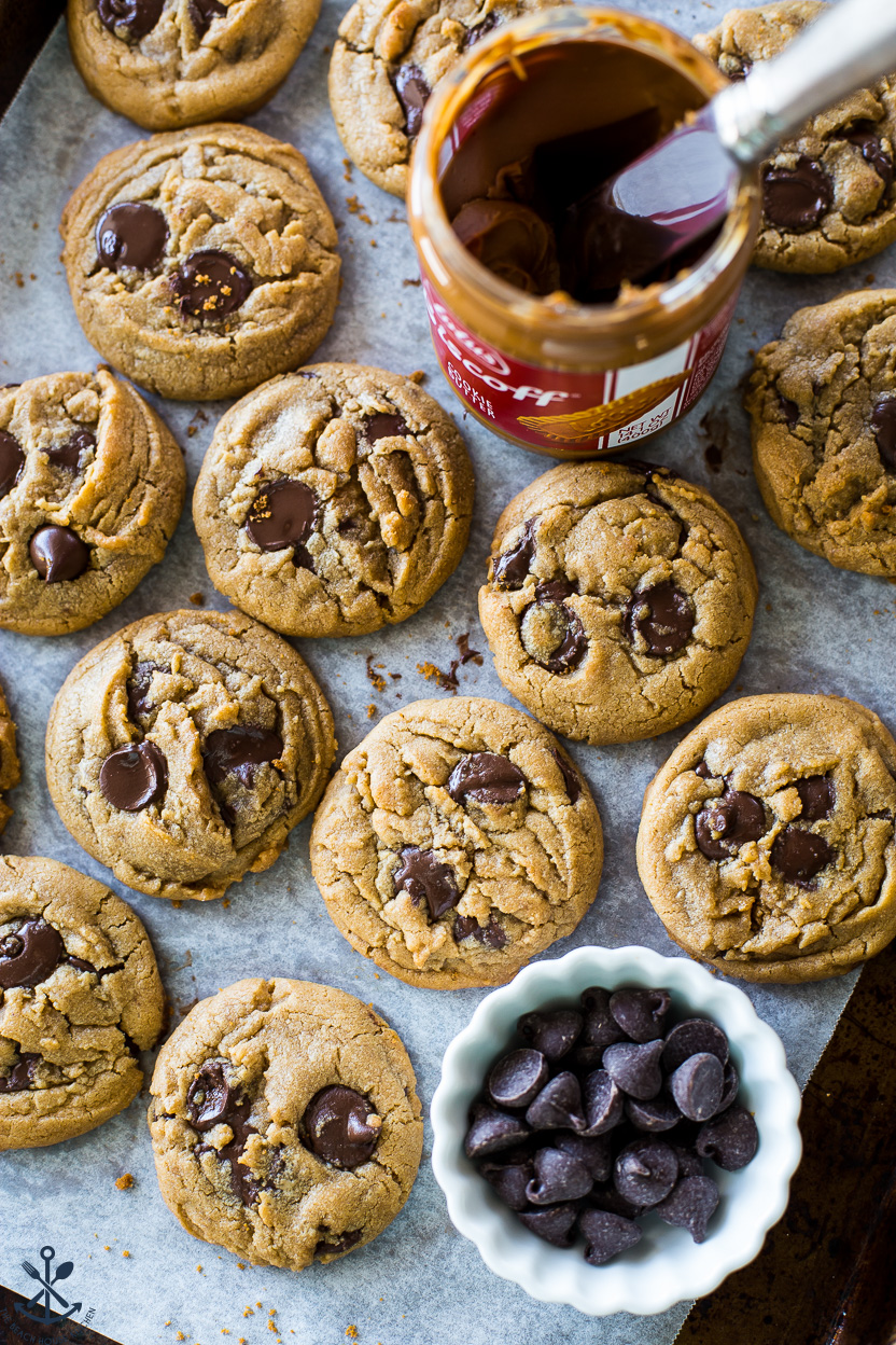 Overhead photo of Chewy Cookie Butter Chocolate Chip Cookies