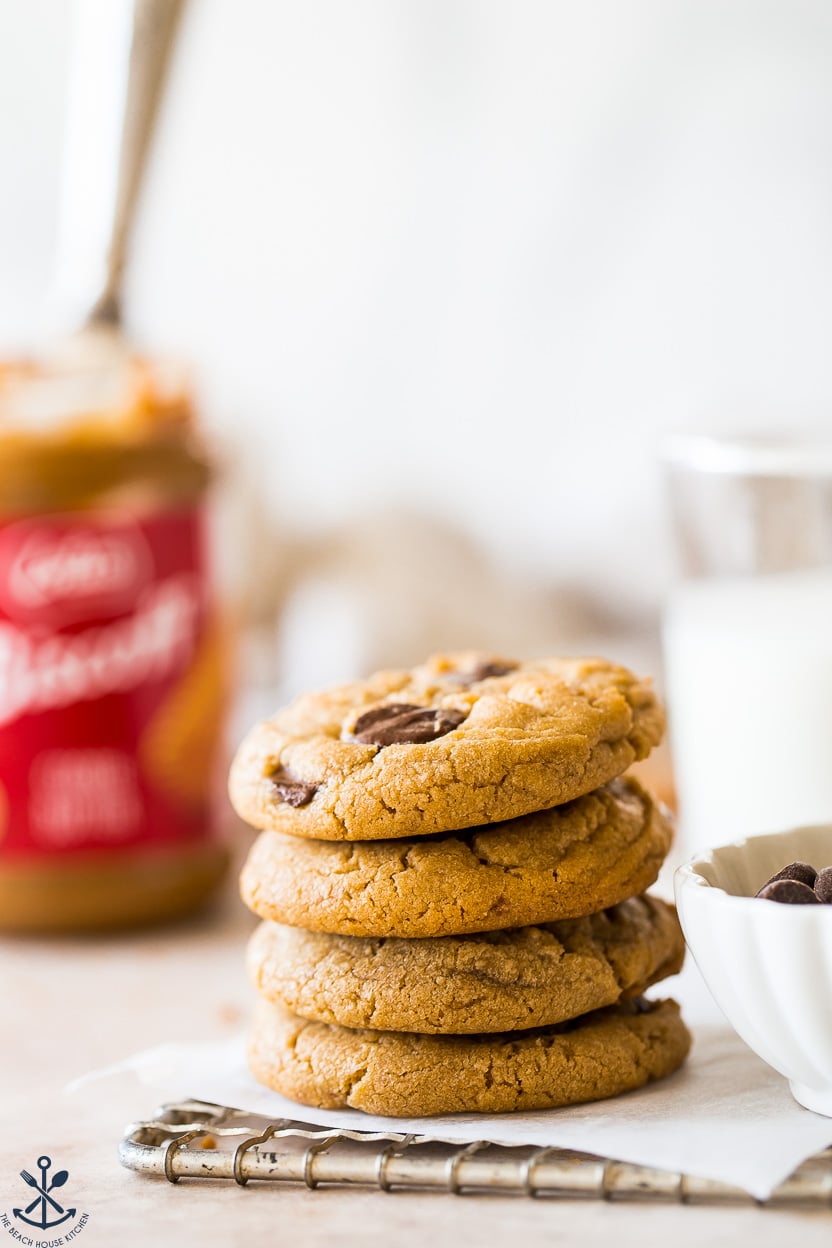 Up close photo of a stack of Chewy Cookie Butter Chocolate Chip Cookies