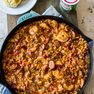 Overhead photo of a large skillet filled with jambalaya