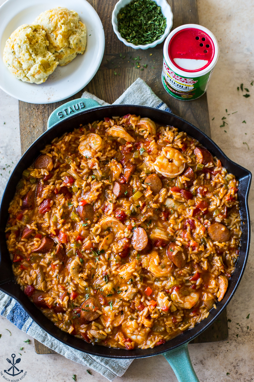 Overhead photo of a large skillet filled with jambalaya