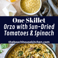 One Skillet Orzo with Sun-Dried Tomatoes and Spinach long Pinterest pin