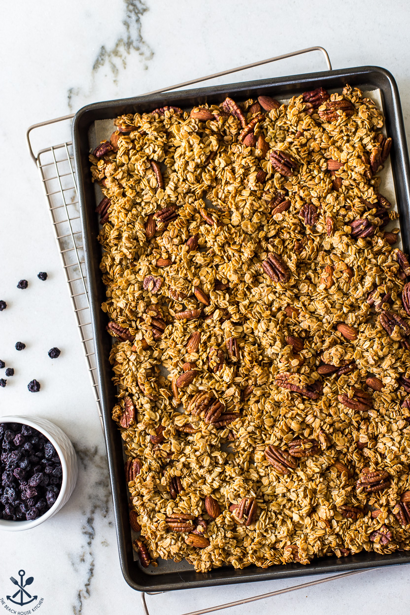 Overhead photo of a sheet pan of baked granola