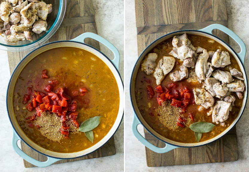 Two photos of a skillet filled with broth, tomatoes and spices and another filled with broth, tomatoes, spices and chicken