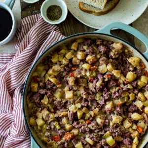 Overhead photo of a skillet of corned beef hash