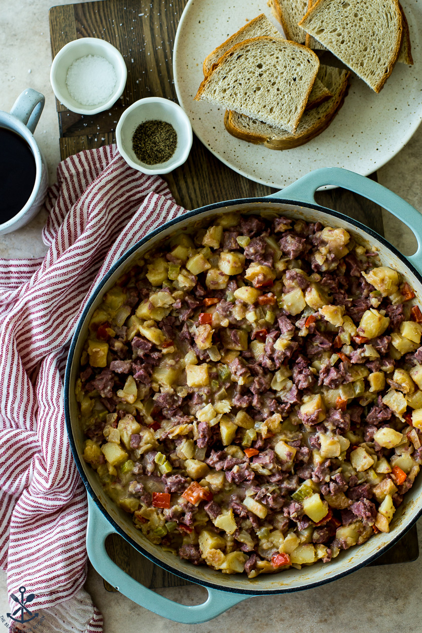 Overhead photo of a skillet of corned beef hash
