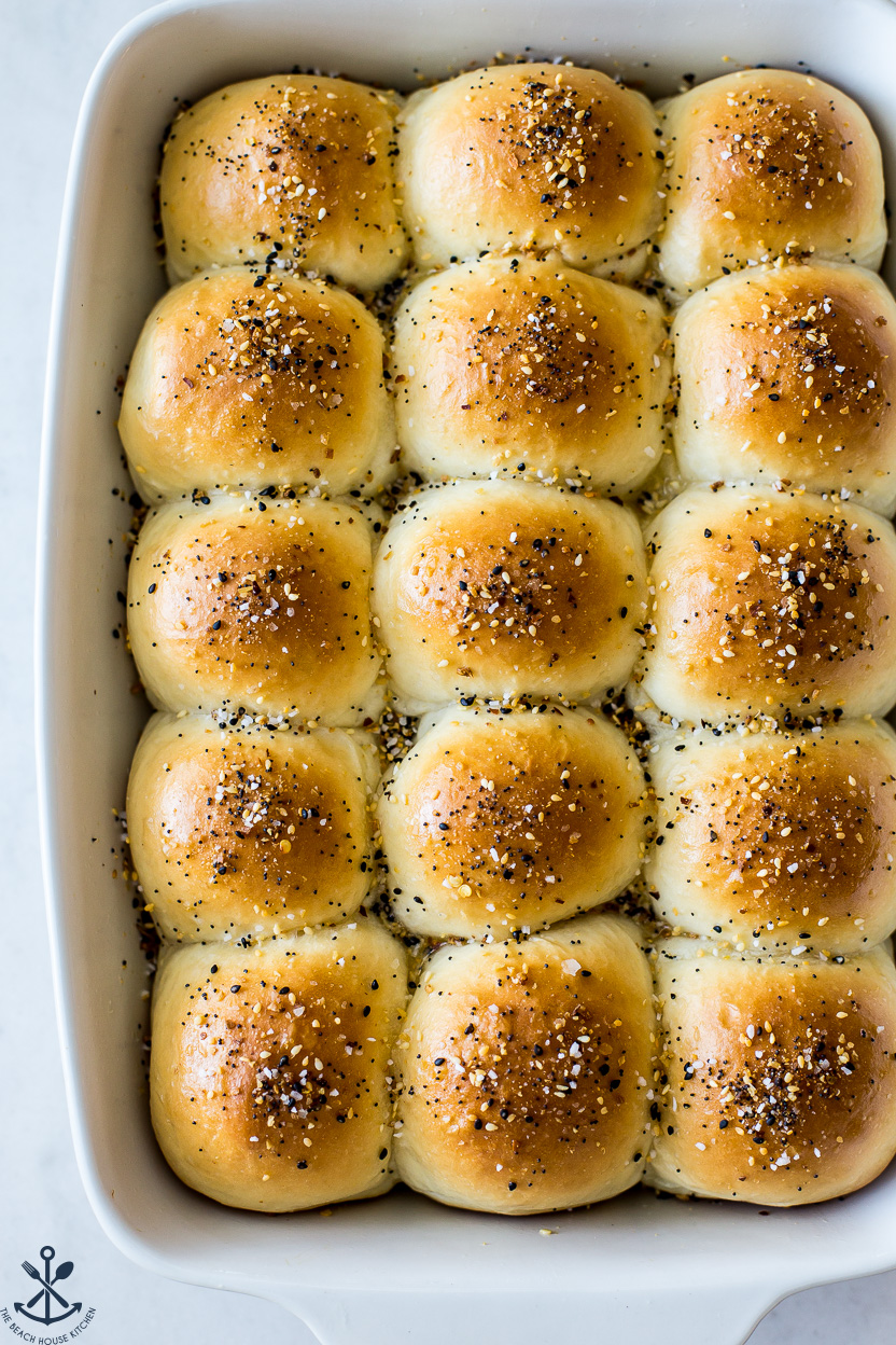 Up close photo of soft fluffy everything dinner rolls