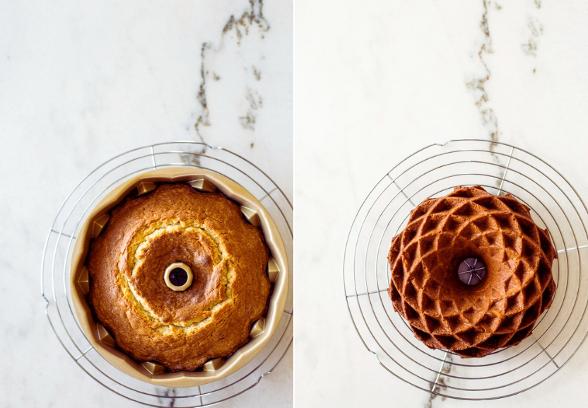 Two overhead photos of baked bundt cakes