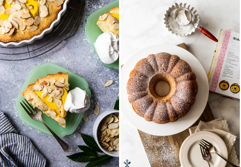 A diptich of two desserts, a slice of mango cake the other a twinkie bundt cake