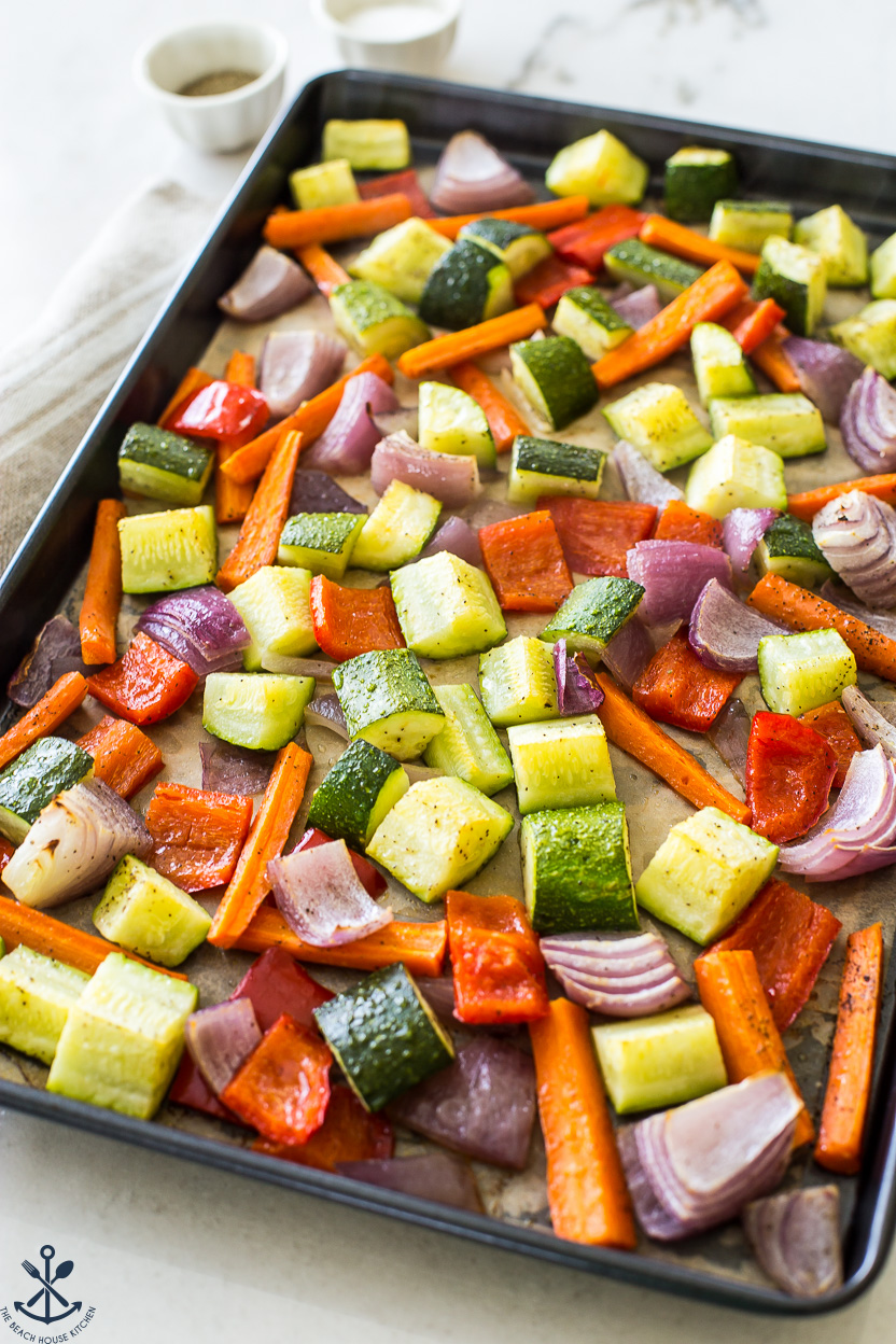 A tray of roasted vegetables