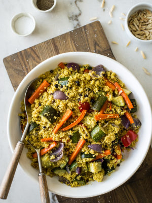 Overhead photo of a dish of couscous with roasted vegetables