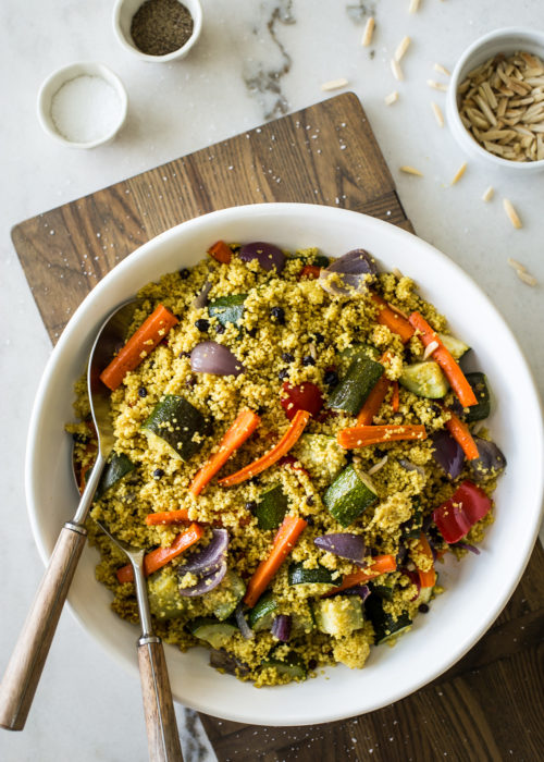 Overhead photo of a dish of couscous with roasted vegetables