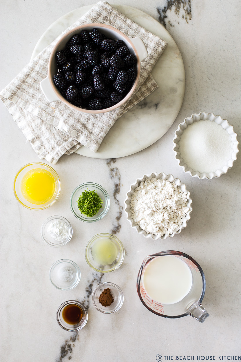 Overhead photo of ingredients in bowls for a blackberry slump