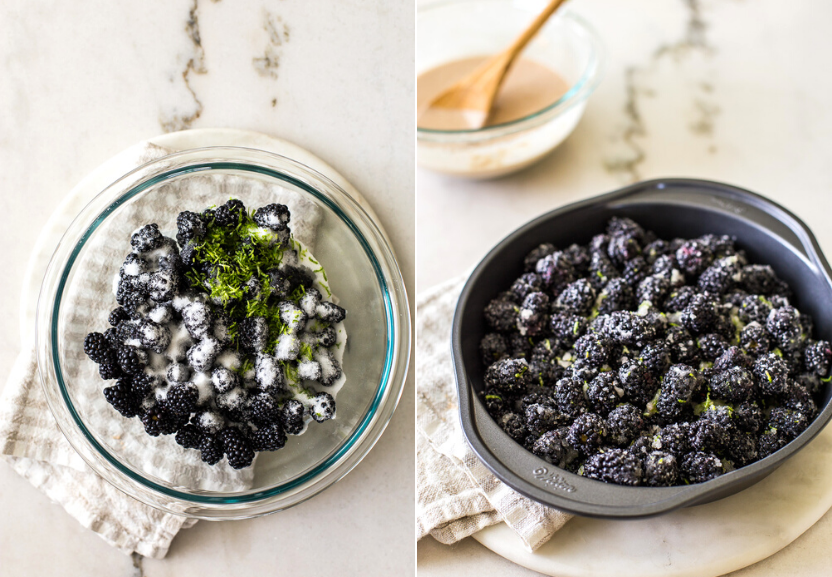 A diptich of blackberries in a glass bowl and blackberries in a round baking pan