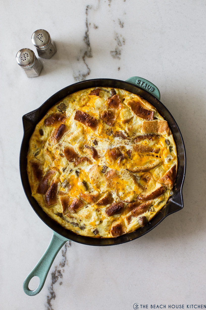 Overhead photo of a breakfast strata in a skillet